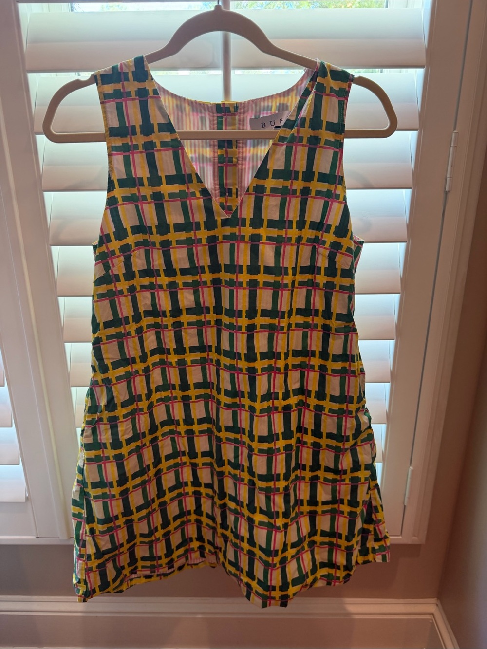 Buru Sleeveless V-Neck Plaid Dress in Green and Yellow by BU